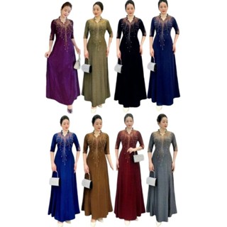 Đầm dạ hội trung niên đi tiệc thun nhũ mịn ép đá kết ngọc size lớn 75kg, Đầm trung niên đi tiệc dáng dài nhũ mịn bigsize