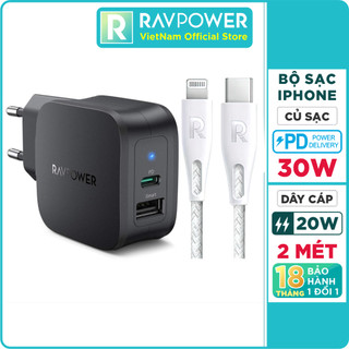 Combo củ sạc nhanh pd 3.0 30w qc 3.0 18w rp-pc132 và cáp usb type c to l 20w 2m ravpower rp-cb01018 - hàng chính hãng