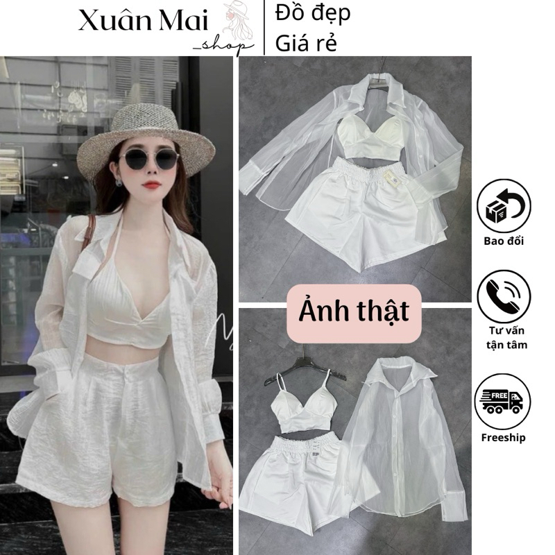 Set 3 món áo bra quần ống rộng kèm sơ mi tơ mỏng đi chơi đi biển màu trắng xuanmaishop12