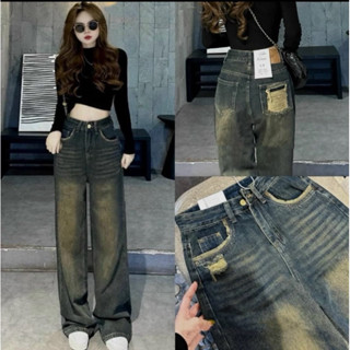 Quần jean ống rộng túi sau rách cá tính- Quần jean nữ cạp cao màu bụi chuẩn ảnh phong cách 2024