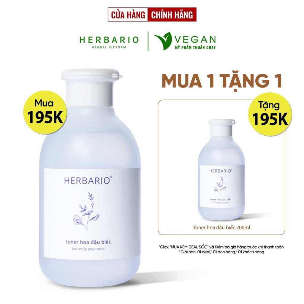 Toner nước cân bằng da Hoa Đậu Biếc herbario 200ml thuần chay cấp ẩm, chống lão hóa