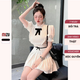 Váy Babydoll Tiểu Thư Buộc Nơ Xếp Ly Cổ Tròn Cộc Tay - Đầm Dự Tiệc 2 Màu Basic Có Bigsize - Vải Mềm Nhẹ DV