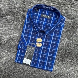 OWEN - Áo sơ mi ngắn tay Owen vạt ngang chất sợi tre Màu xanh navy kẻ ca rô nhỏ 230087