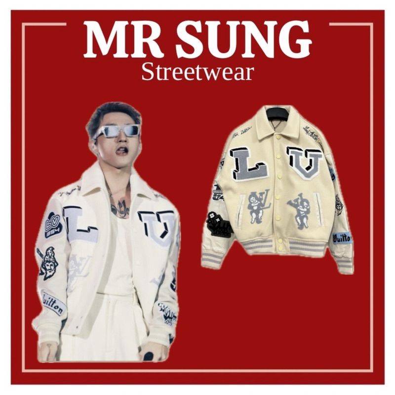 Áo varsity jacket LV Luôn Vui Tươi SẾP T màu Be bản cao cấp, Áo khoác bóng chày nam nữ LV thêu hình họa tiết form rộng