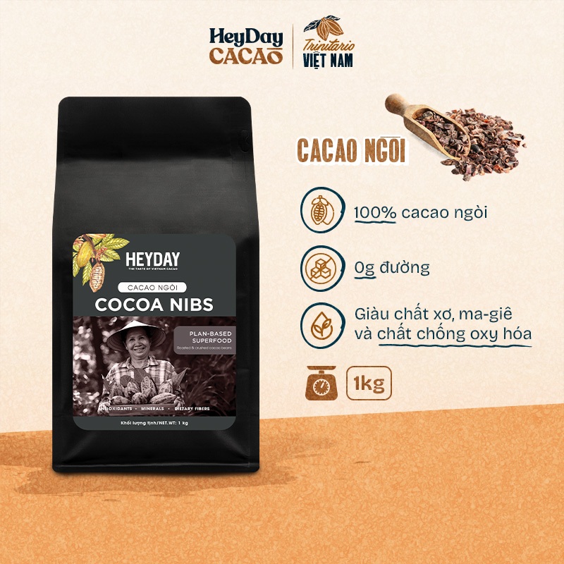 Cacao nibs rang thô tự nhiên túi 1kg - Heyday Cacao