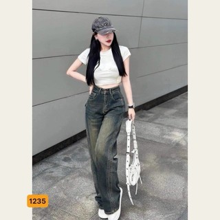 Quần ống rộng nữ chất jeans không giãn, quần nữ ống rộng màu xanh bụi phong cách trẻ trung KING168 BGNU011