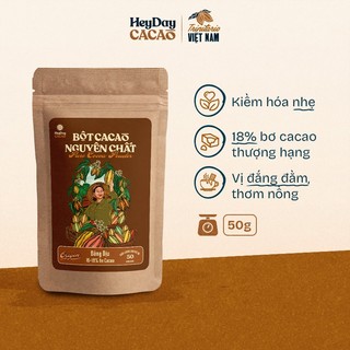 Bột cacao nguyên chất Việt Nam 100% không đường Heyday - Dòng Origin thượng hạng - Túi giấy zip 50g