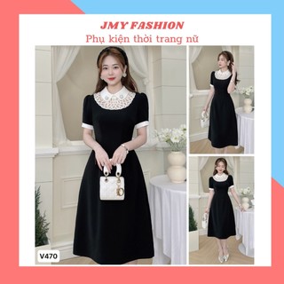 V470 Váy đen xòe cổ sen viền trắng nữ tính [TH Hà Thanh] đầm xòe đen midi phối cổ ren công sở