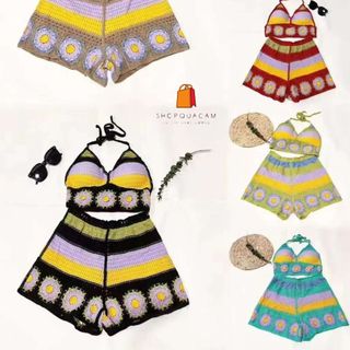 Set Ren Lưới Đan 2 Món Gồm Quần Và Áo Bra, Bộ Bikini Đi Biển Phối Họa Tiết Màu Siêu Xinh Hàng Qccc Shopquacam
