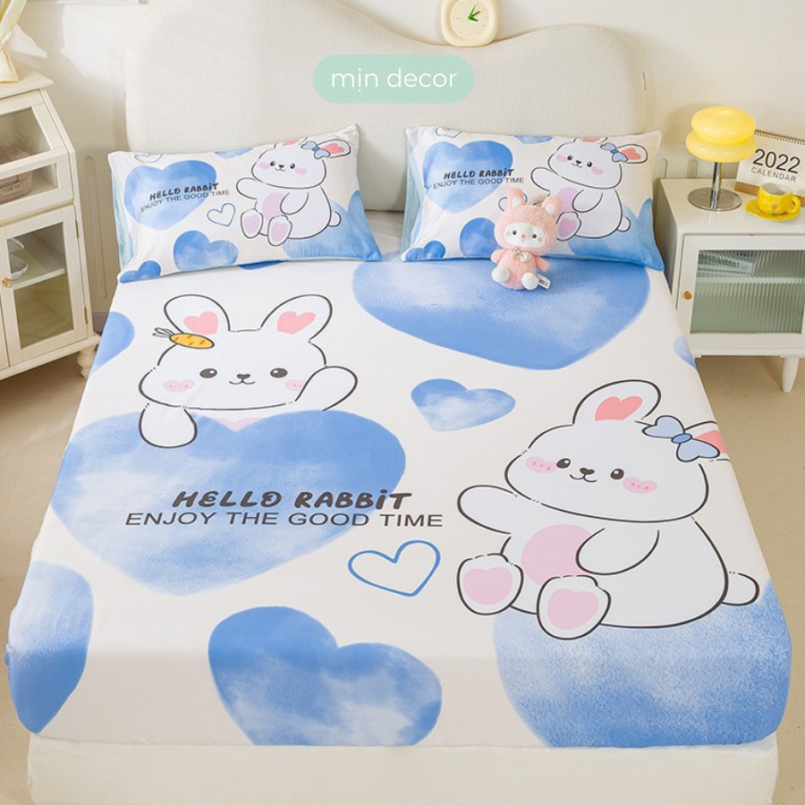 Bộ ga gối cotton 100% 5D bo chun dễ thương cho bé