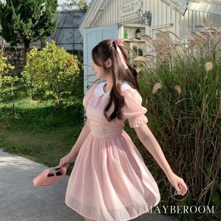 Váy voan tơ mềm nhũ mix cổ sen bèo cách điều chiết eo tay bồng Sakura dress Mayberoom