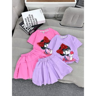 Sét bộ áo cotton cô gái đeo nơ kèm chân váy có quần trong cho bé gái