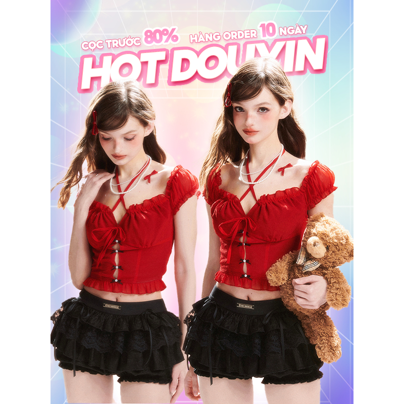 Set 𝗦𝗵𝗮𝗼𝗬𝗲𝗬𝗮𝗻 Áo Croptop Đỏ + Chân Váy Xếp Ly Đen Hot Douyin