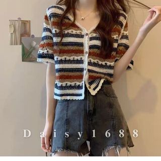 Sẵn- áo kiểu len móc cộc tay kẻ sọc boho cá tính daisy1688