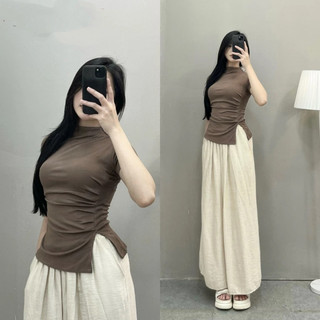 Áo Thun Cổ 3 Phân Cộc Tay Nữ Nhúm Sườn, Áo Cổ Leo Cộc Tay Xẻ Tà