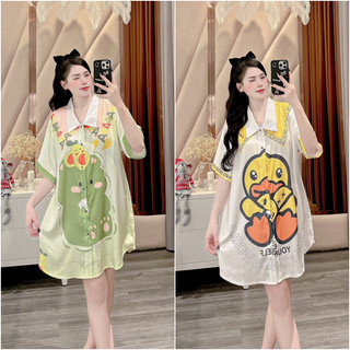 Váy ngủ sơ mi lụa mặc nhà đầm pijama suông rộng bầu bí bon chen thoải mái chất lụa xướt mềm mượt thoáng mát.