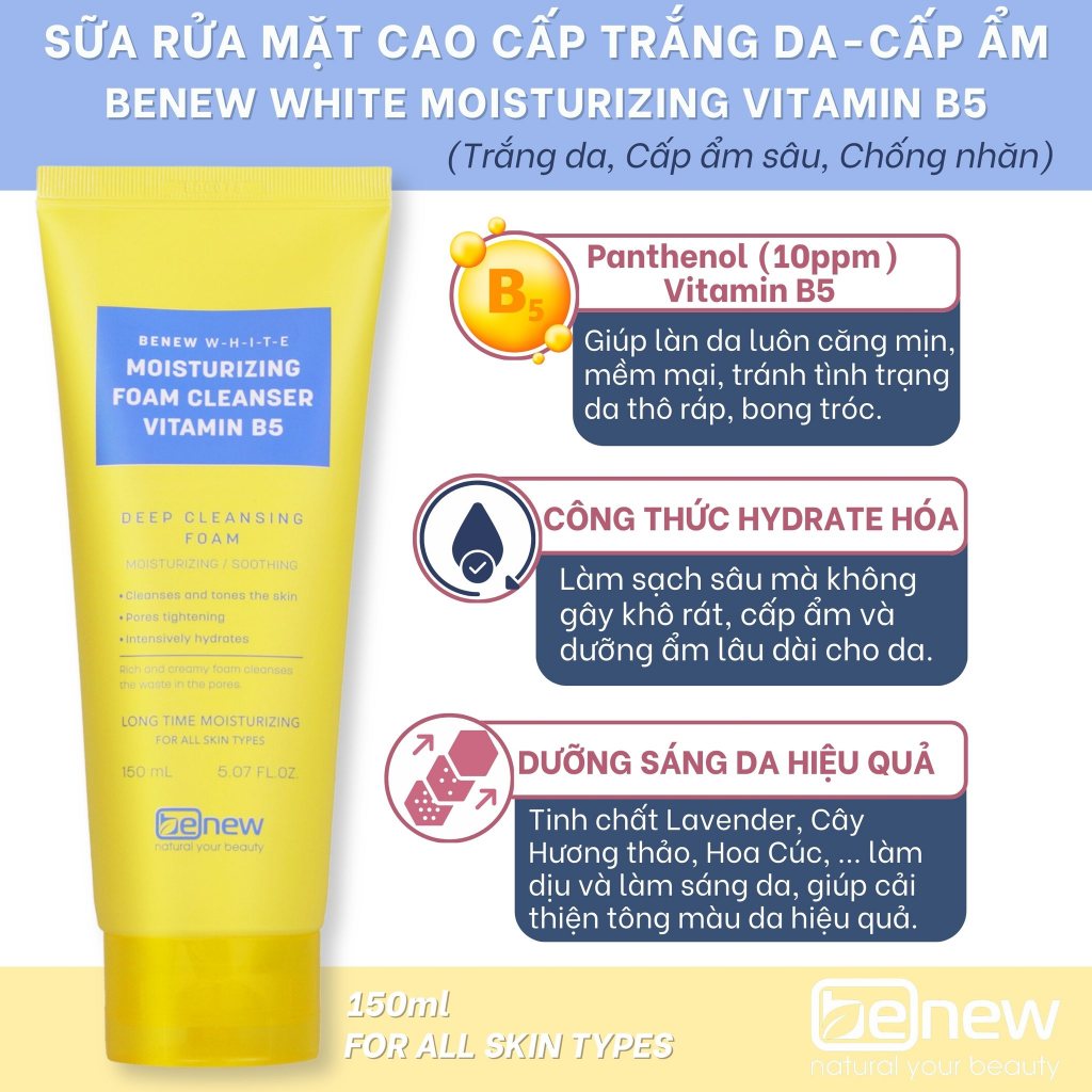 Sữa rửa mặt dưỡng da từ Vitamin B5 Hàn Quốc - BENEW WHITE MOISTURIZING VITAMIN B5 (150ml)