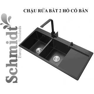 Chậu rửa chén bát hai hố có bàn Schmidt phủ nano đen, bồn rửa bát nhập khẩu nguyên chiếc chính hãng