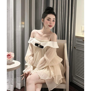 Set Váy trễ vai 2 chi tiết kèm chân váy tơ bồng tay dài 2 lớp đính nơ - video ảnh thật Sẵn C32