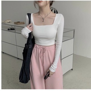 Áo thun nữ croptop cổ vuông tay dài
