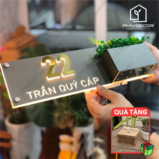 BẢNG, BIỂN SỐ NHÀ. Có đèn LED, size 40*12cm Mica cháo+ Mica màu ghi sần, số nổi 1cm, trồng hoa, ngoài trời, BSN-PMV145