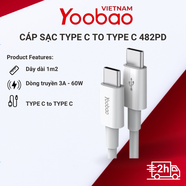 Dây Cáp Sạc Nhanh Yoobao YB-482PD Type-C to Type-C- PD 60w - Hàng Chính Hãng - Đơn giản, tiện lợi - Bảo Hành 12 tháng