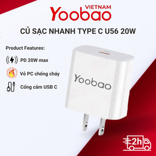 Củ sạc cổng USB-C U56 YOOBAO - Sạc nhanh PD20W - Vỏ PC chống cháy, bảo vệ an toàn khi sử dụng - Hàng chính hãng