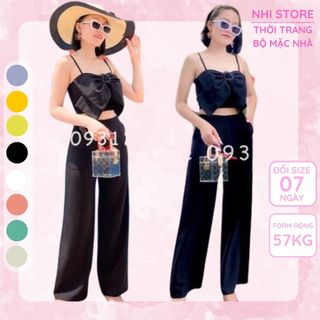 Set Đồ Kiểu Nhistore  Áo 2 Dây Nơ Ngực Có Mút Quần Dài Ống Rộng  Tôn Dáng Freesize Dưới 57kg