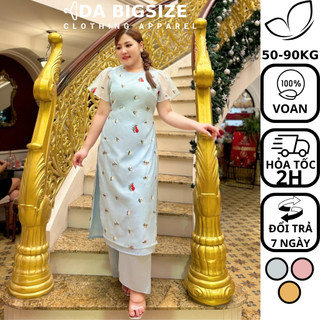 Dabigsize - Áo Dài Bigsize Nữ Kiểu 2 Lớp Chất Voan Họa Tiết Phối Lụa Phù Hợp Đi Lễ , Đi Chùa Dành Cho Người Mập 50-90kg