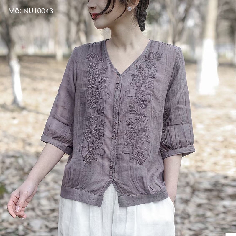Áo sơ mi linen ngắn tay KAMAKA cổ V thêu mùa hè - NU10043