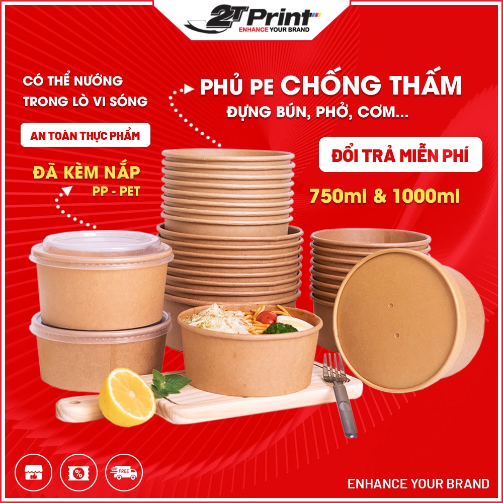 Tô Giấy, Bát Giấy Kraft Nâu 750ml & 1000ml Dùng 1 Lần Đựng Thức Ăn, Bún, Phở, Cơm, Có Kèm Nắp Mờ Và Trong Suốt