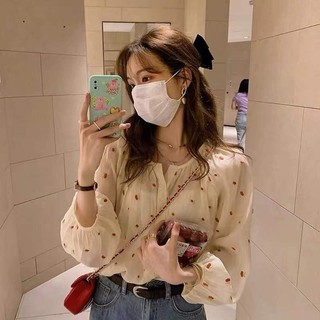 Áo sơ mi nữ cổ tròn hana xinh xắn, áo nữ tay lỡ họa tiết dễ thương