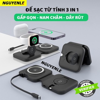 Đế Sạc Không Dây 3 Trong 1 Có Nam Châm Gấp Gọn Dây Rút Cho iphone 15 14 13 12 apple watch tai nghe