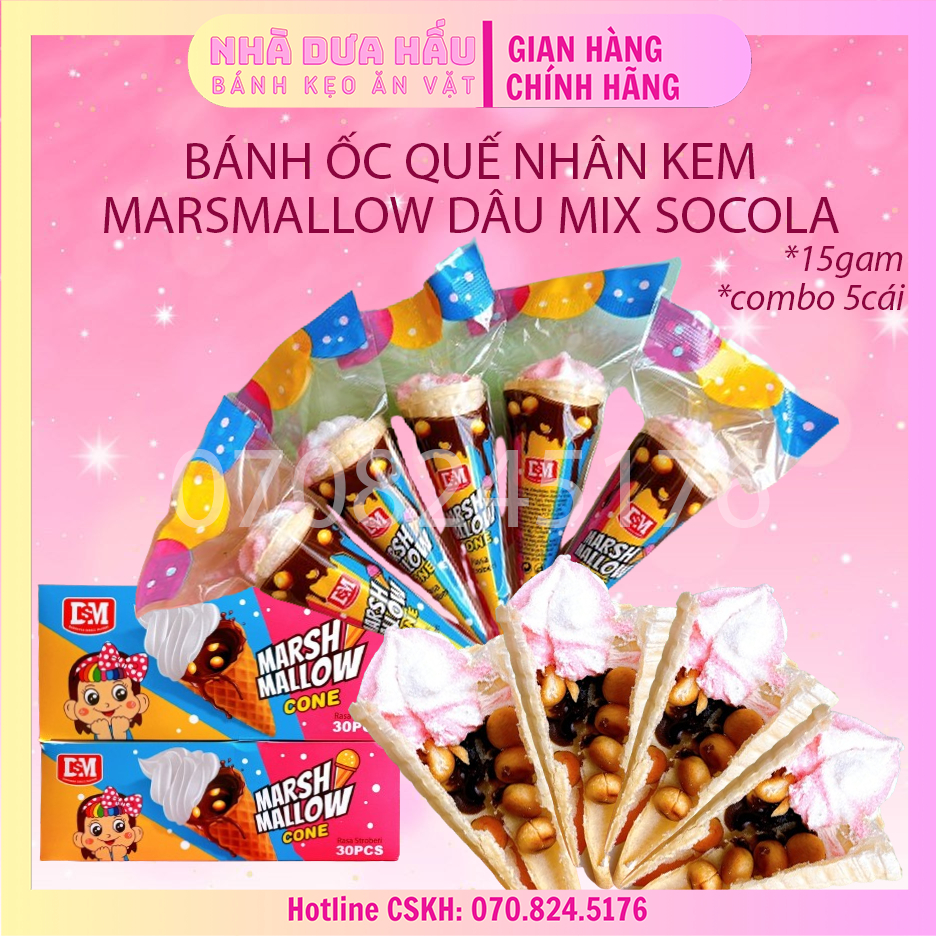 [Combo 5cáix15gam] Bánh ốc quế nhân kem marshmallow dâu mix socola