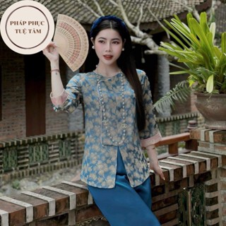 Đồ lam đi chùa nữ cổ tròn lụa gấm cúc đá Pháp phục lễ chùa cách tân khuy chéo Bộ đồ đi lễ vạt hò mềm mịn Sang trọng