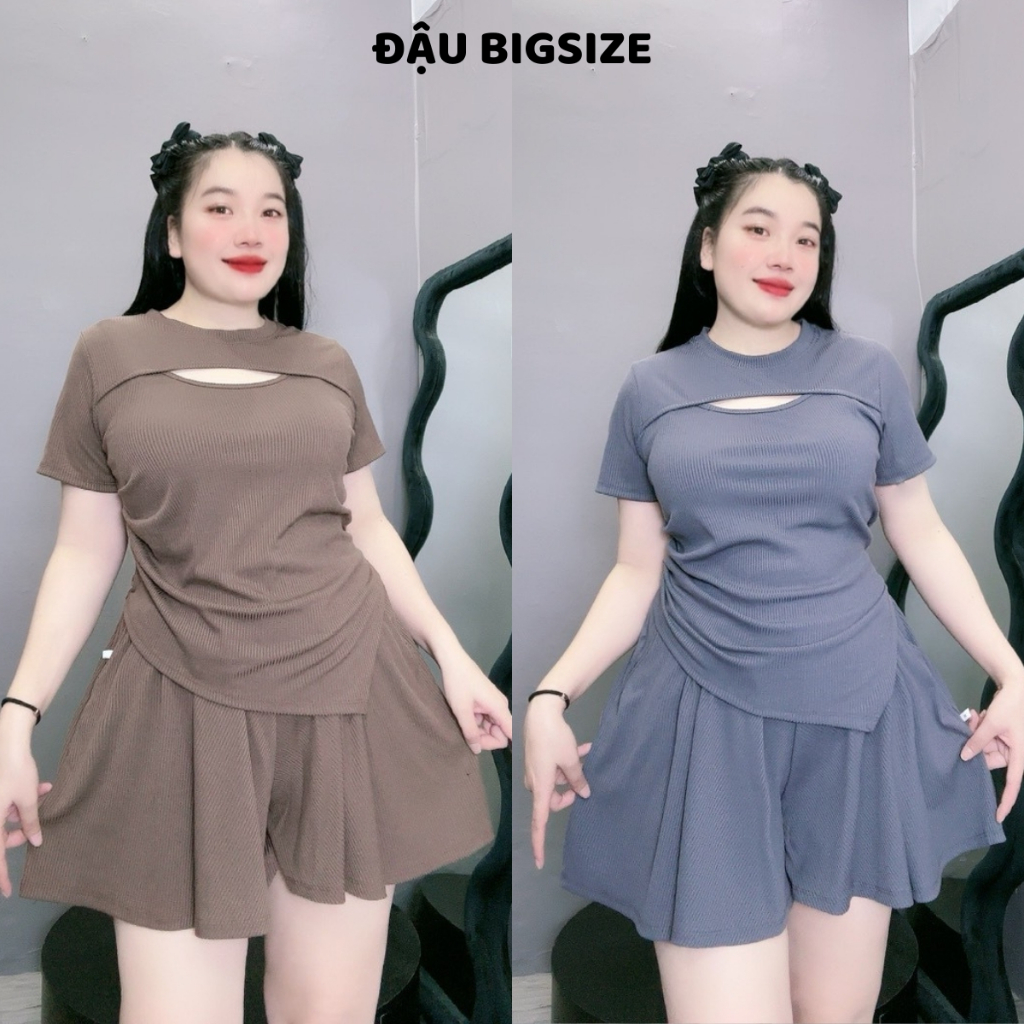  Set đồ bigsize nữ áo tay ngắn xẻ ngực tà nhọn kèm quần đùi ống rộng lưng thun co giãn chất thun gân mềm mịn - SET817 