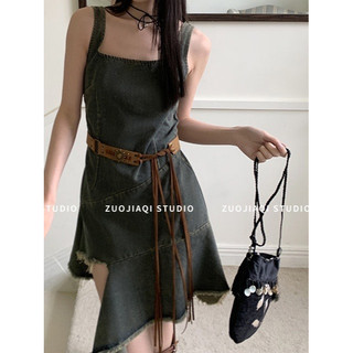 (ORDER ) Váy Jeans denim ba lỗ thon eo xòe ngắn đuôi cá rách vạt độc đáo kèm đai lưng style retro cổ điển hàng qC
