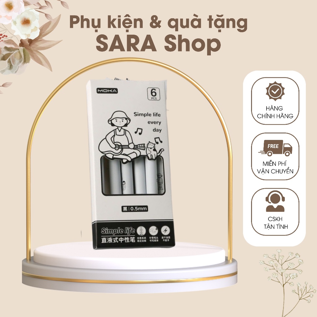 Hộp 6 cây bút MOKA SIMPLE LIFE kiểu Nhật, Hàn Quốc. Chất liệu: Vỏ nhựa tổng hợp, ngòi bút kim loại k