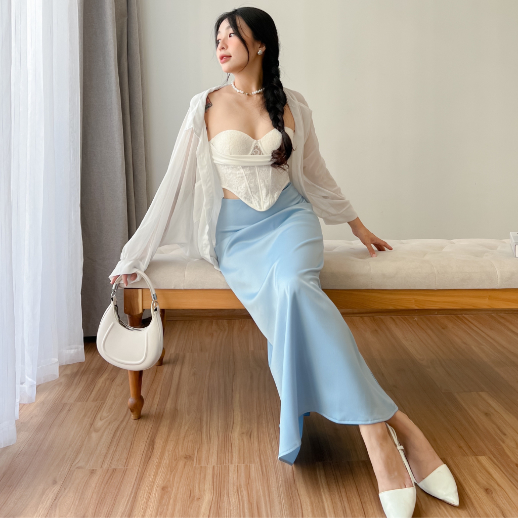Chân váy lụa dài SANJOLI cạp trễ một lớp cao cấp khóa bên hông kiểu dáng dài Hàn Quốc đi chơi dự tiệc sang trọng CV011