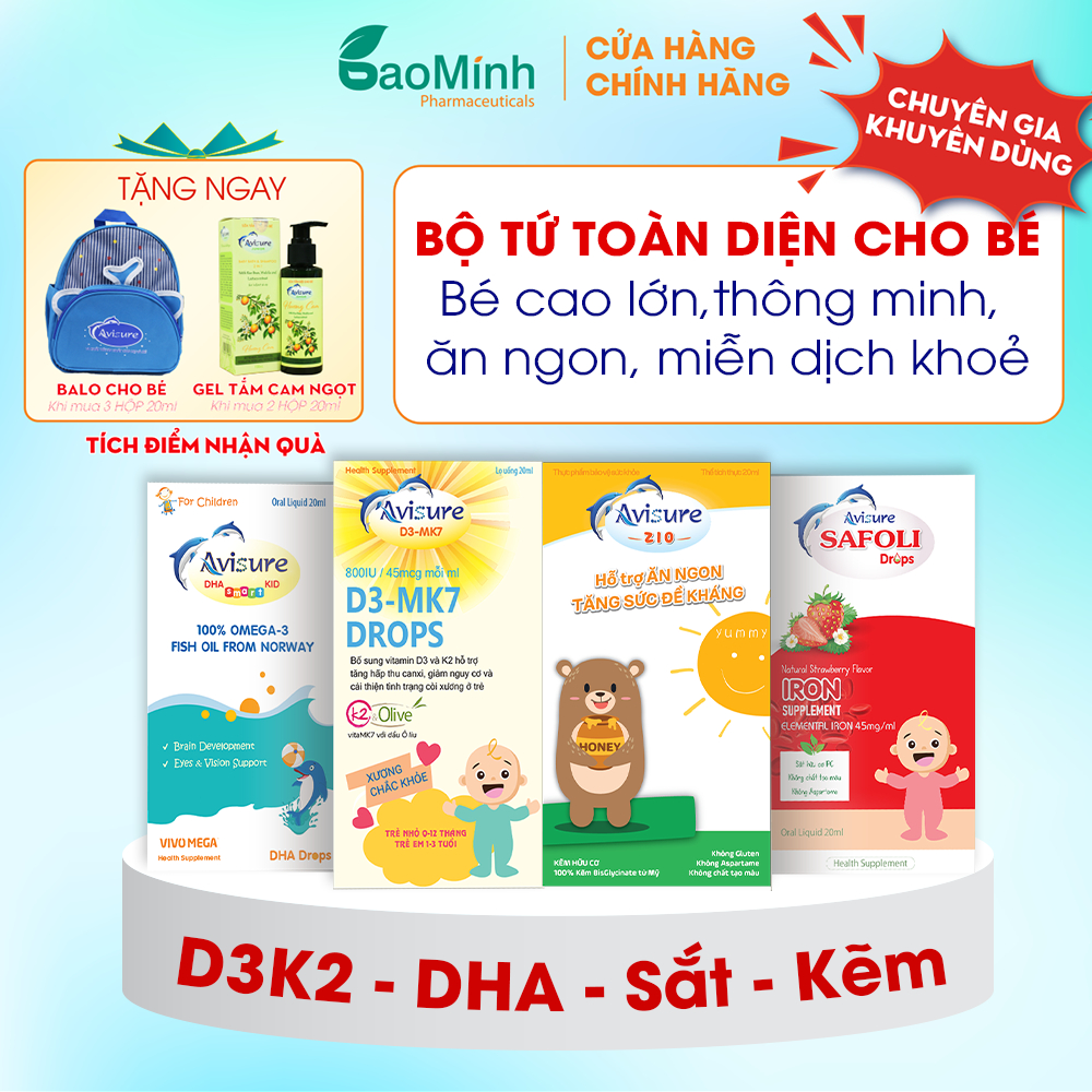 Combo Bộ Tứ D3 K2 Mk7, Kẽm Hữu Cơ, Sắt Hữu Cơ, DHA Tinh Khiết Cho Bé Avisure Safoli Drop Từ Châu Âu Cho Bé Sơ Sinh