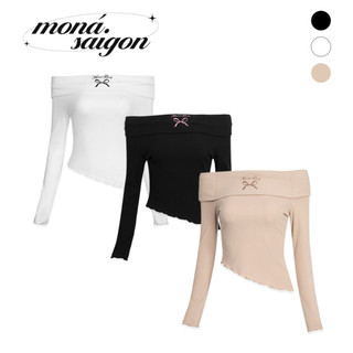 Áo thun tay dài trễ vai thêu họa tiết nơ MONÁ - MIDORI