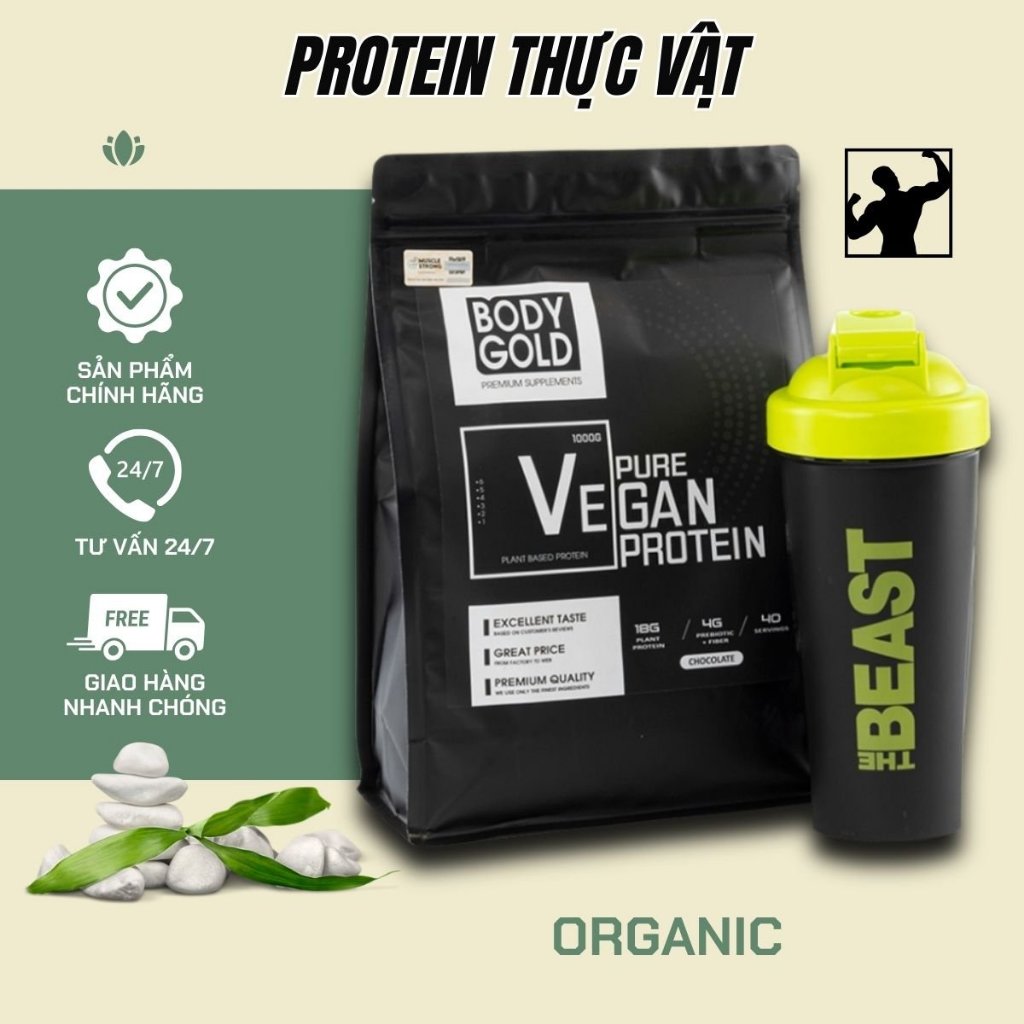 Whey Vegan Protein - Sữa Thực Vật Tăng cân Tăng cơ Body Gold Túi 1kg + Tăng Bình Lắc 700ml