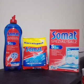 Combo bột rửa bát 1.2kg, nước làm bóng 750ml + muối 1.2kg somat