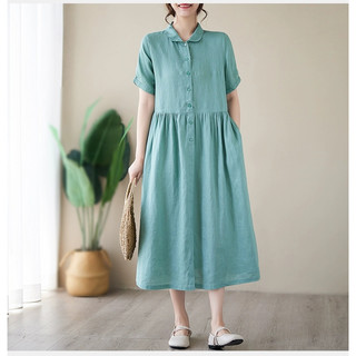 Váy đầm thiết kế cổ sơ mi chất liệu linen thoáng mát mẫu mới Đũi Việt