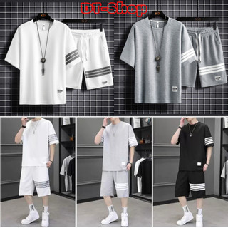 Sét Cộc tay Nam Nữ Form Rộng Trẻ Trung Thời Trang Họa Tiết Ba Sọc Vải Tổ Ong Co Giãn Mát Mẻ bộ đồ quần áo 4 size 40-85kg