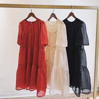 Đầm bầu dự tiệc cao cấp organza, Váy bầu công sở màu be nhạt