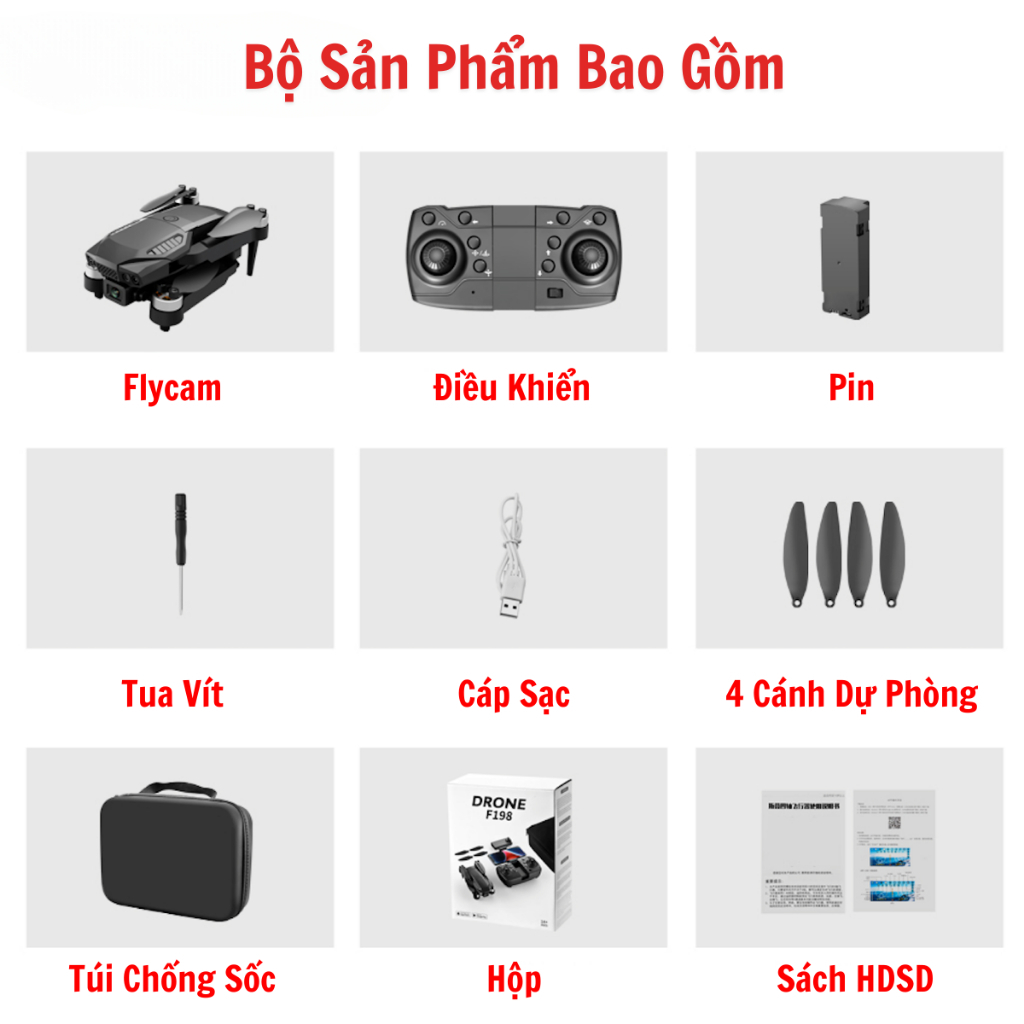 PIycam Mini, Flycam Giá Rẻ, Máy Bay Không Người Lái F198 Camera 4K Full HD,Chế Độ Cảm Biến Tránh Va Chạm Tự Động | BigBuy360 - bigbuy360.vn