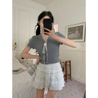 Áo len dệt kim mỏng vặn thừng, viền phối ren