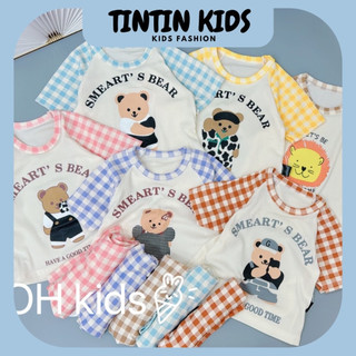 Bộ thun tăm lạnh cộc tay kẻ in hình gấu đang yêu cho bé trai, bé gái 6-16kg 