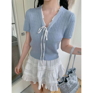 Áo len dệt kim mỏng vặn thừng, viền phối ren